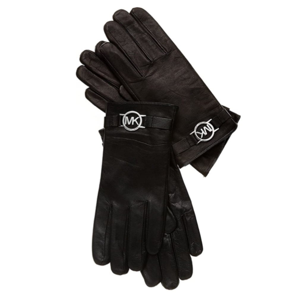 Michael Kors Black with Tag Medium Leather Gloves Mk Circle Logo - Picture 4 of 6